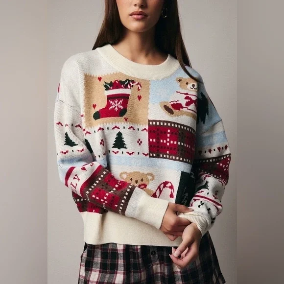Patchwork Holiday Print Long Sleeve Knit Christmas Sweater - Sunday Edition - Picture 3 of 8